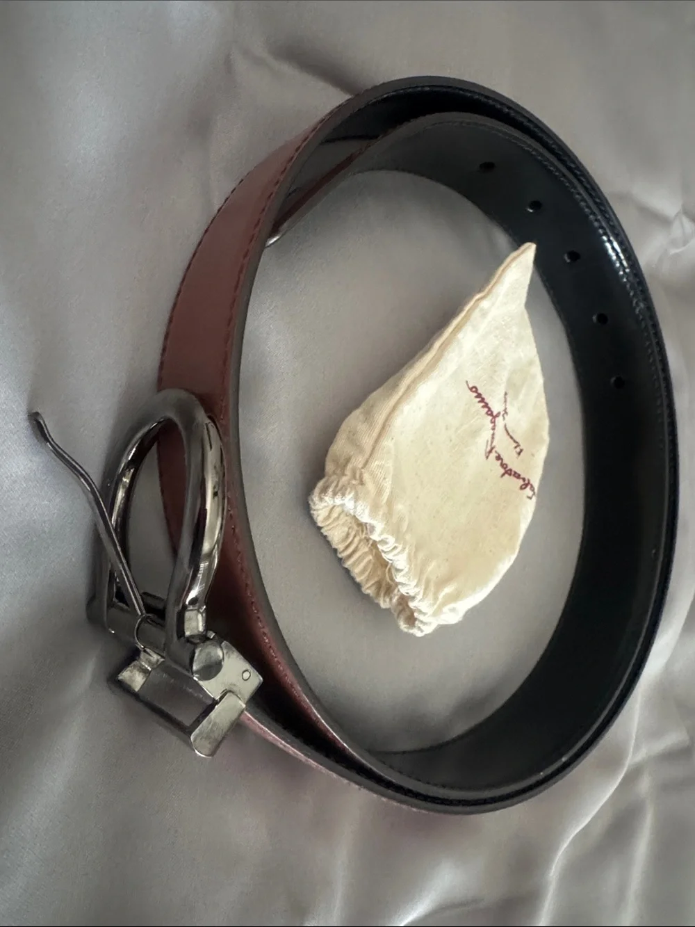 Salvatore Ferragamo Men’s Brown /black Leather Belt with Silver Gancini Buckle